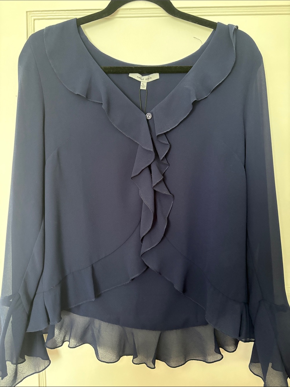 Naked Zebra Navy Blue Ruffled V-Neck Blouse